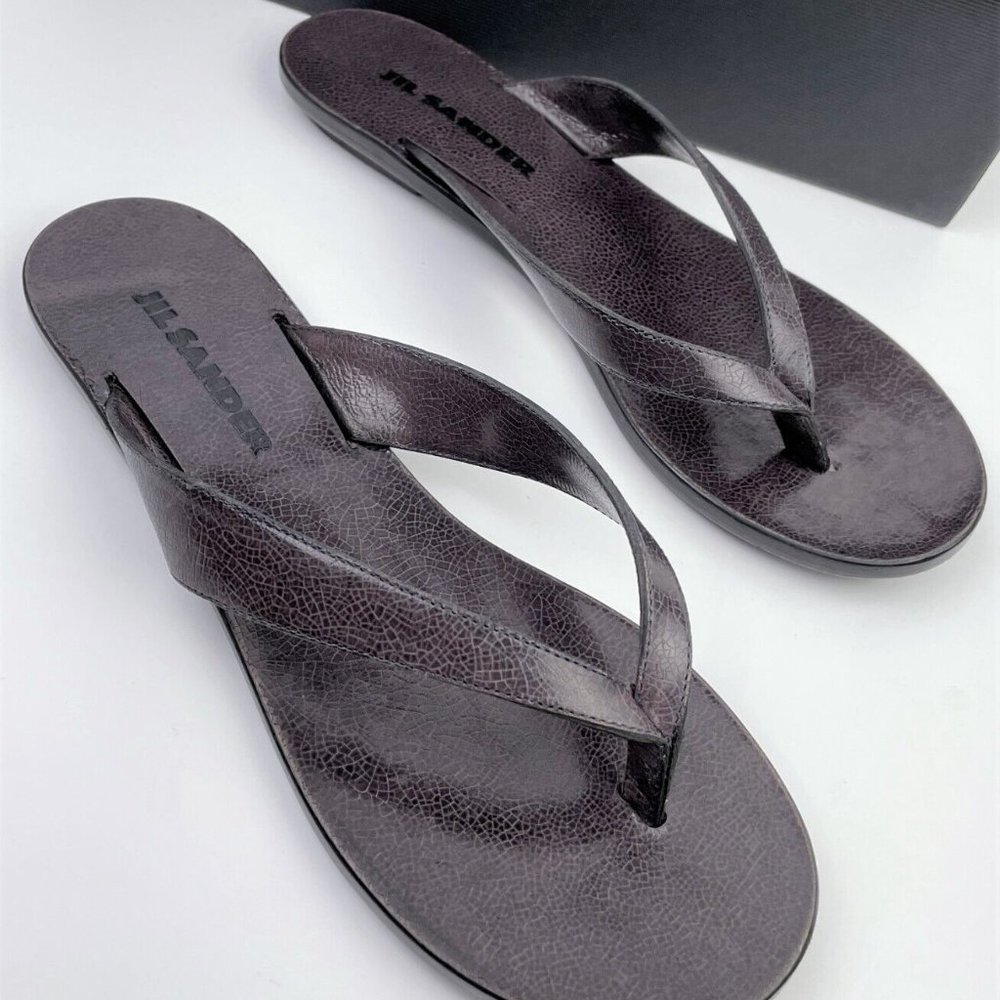 Jil Sander Women's Textured Black Leather Thong Flat Sandals